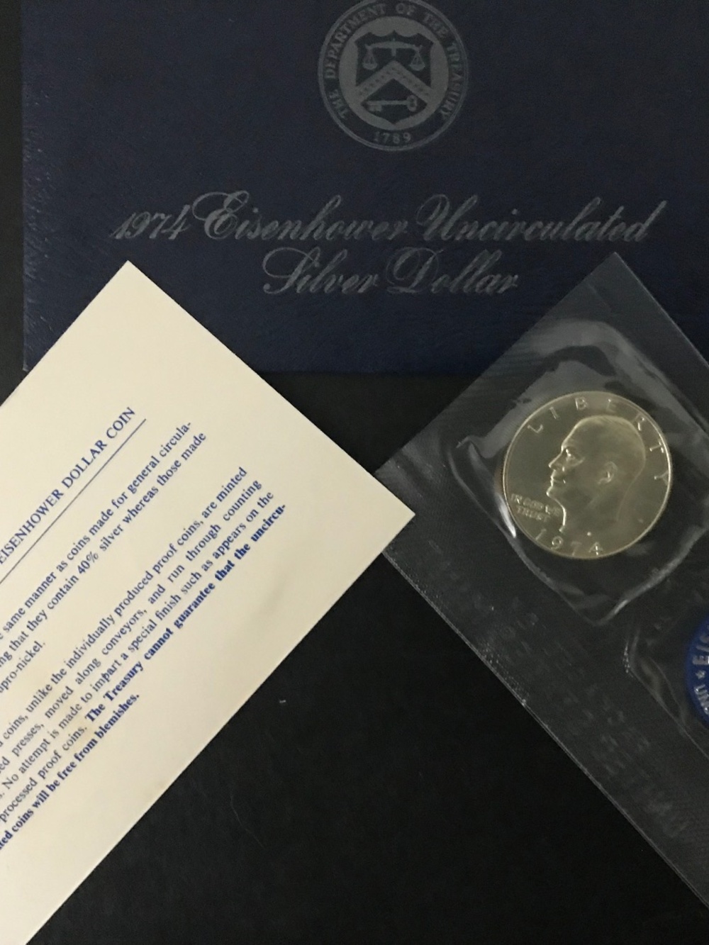 1974 S Eisenhower Silver Dollar US Mint Uncirculated 40% Blue Envelope & Chip